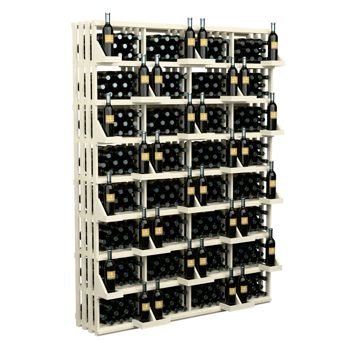 White wine bottle wall display with multi-tier shelves and capped bottles