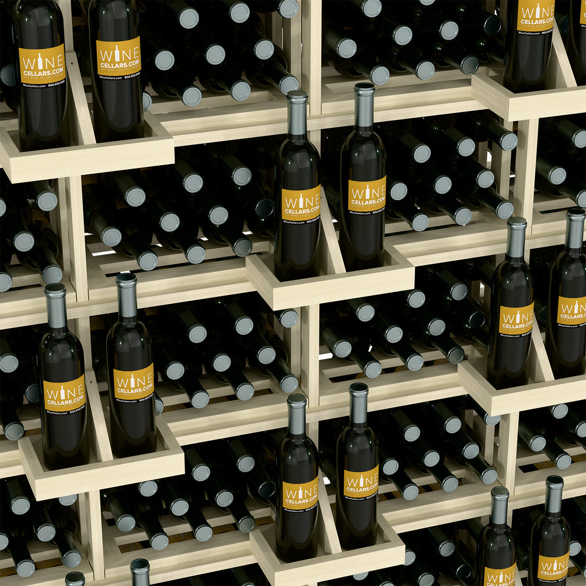 Wine bottle wall display with bulk bins, close-up of light wood shelves holding bottles