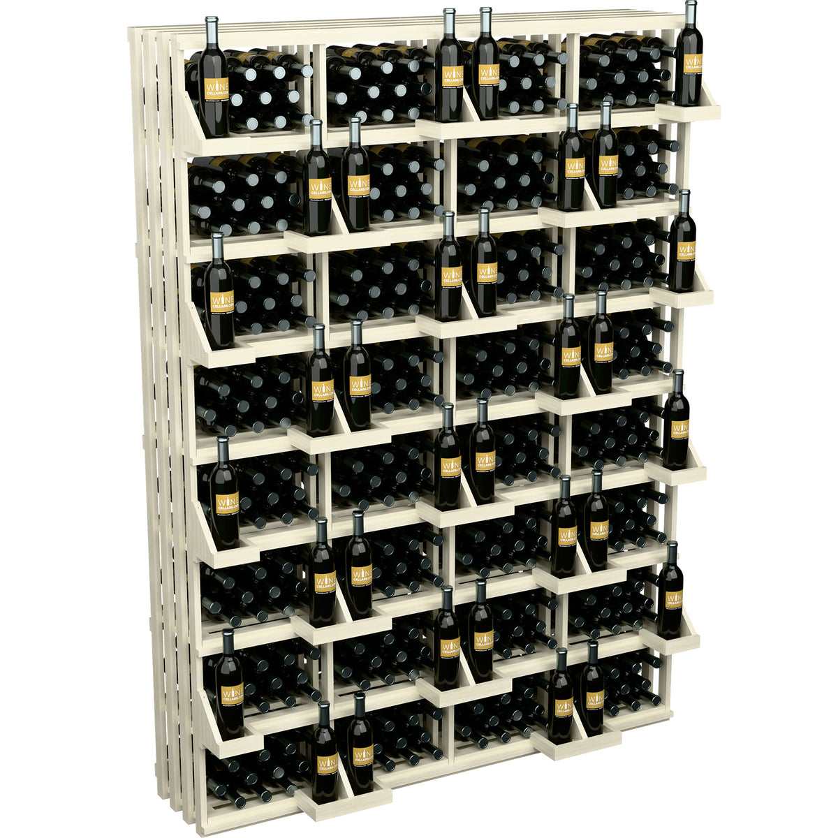 Commercial wine bottle wall display with bulk bins, whitewashed wood rack with bottle storage