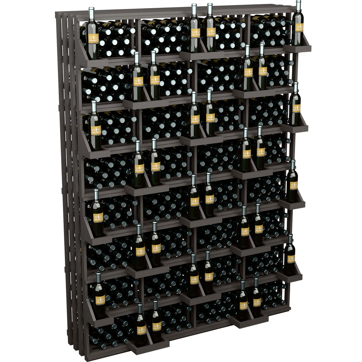 Dark brown bottle wall display rack with black bins and wine bottles