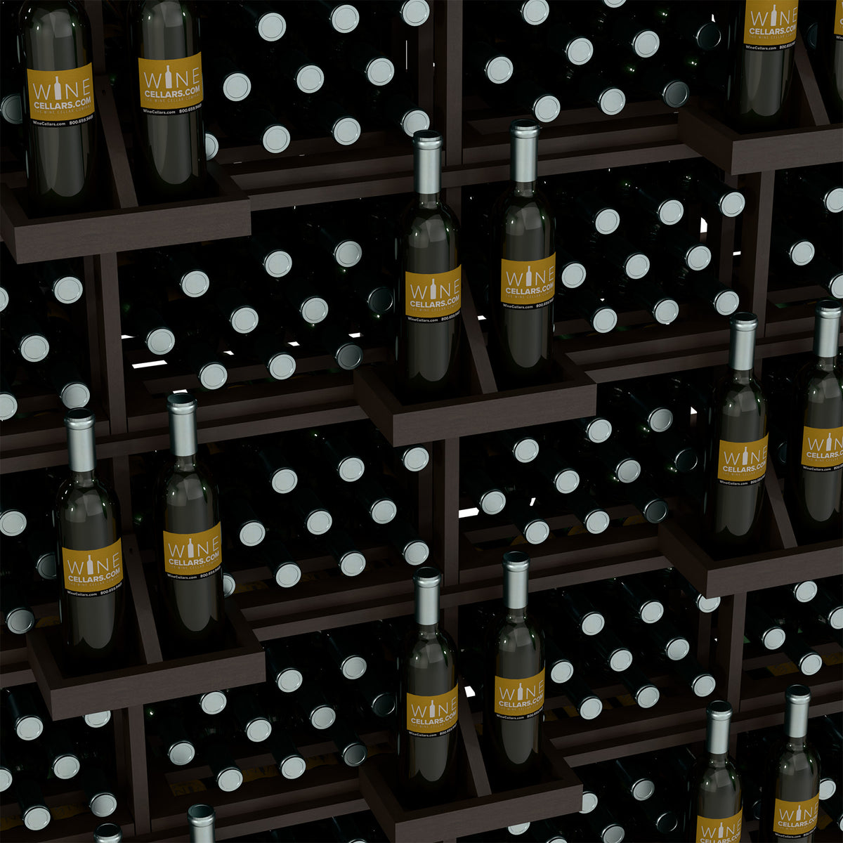 Wine bottle wall display close-up: black wine bottles with silver caps in wooden compartments