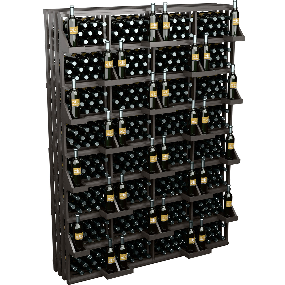 Black commercial wall wine bottle display with bulk bins, metal rails and bottle rows