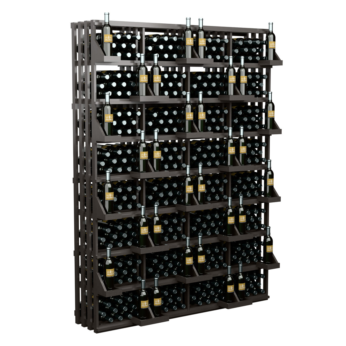 Front view black wall wine bottle display with bulk bins, stacked rows of bottles