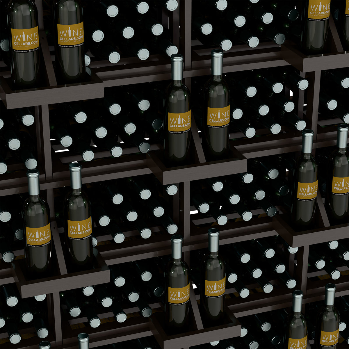 Close-up black bulk wine bottle bins with silver caps and wine bottles on shelves