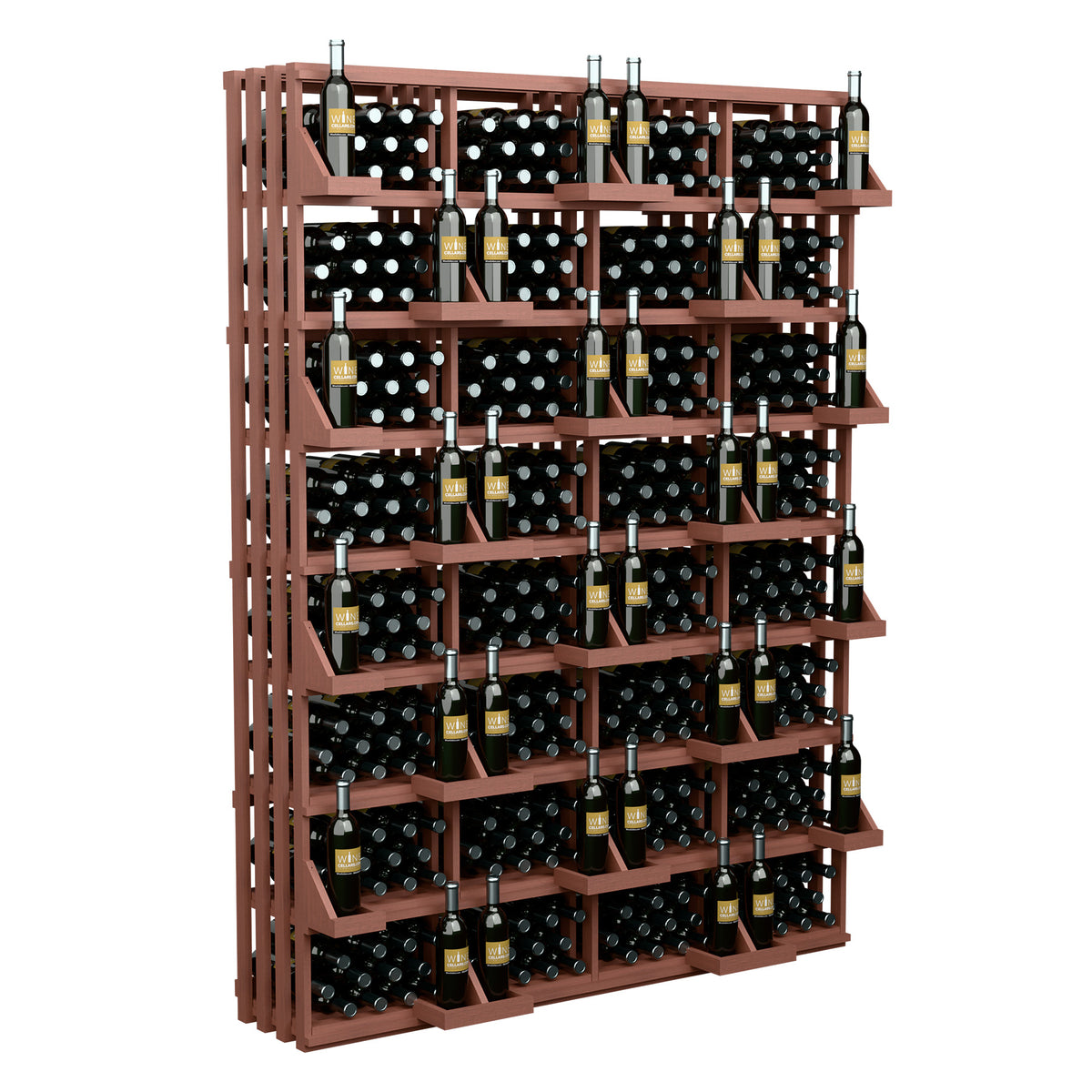 Wood bottle wall display rack with dark-stained shelves and rows of wine bottles