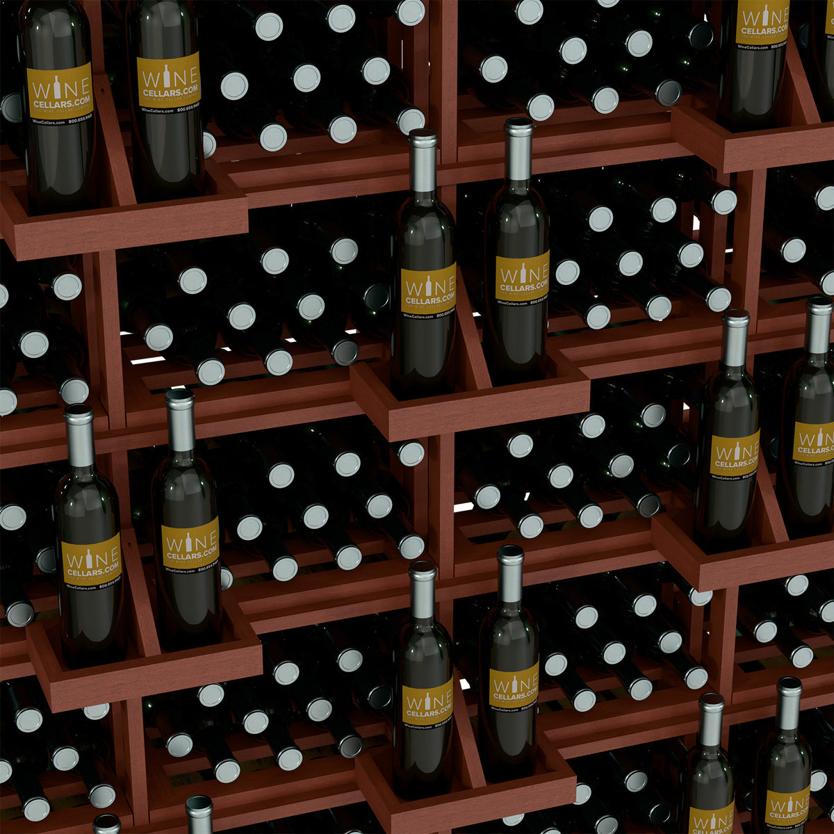 Bulk wine bottle bins with black bottles, white polka dots, and yellow label accents