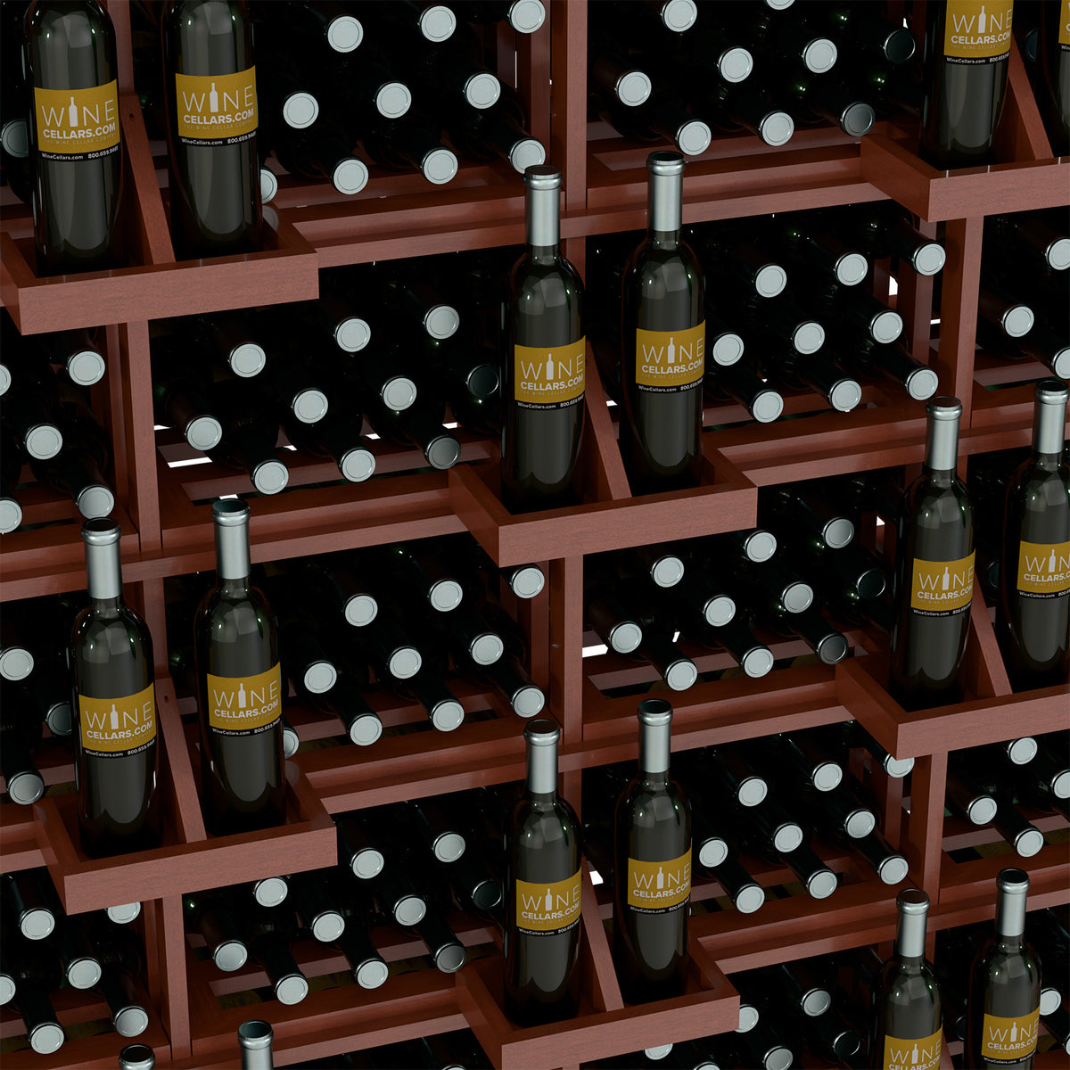 Close-up brown bulk wine bottle bins with silver-capped bottles on wooden shelves