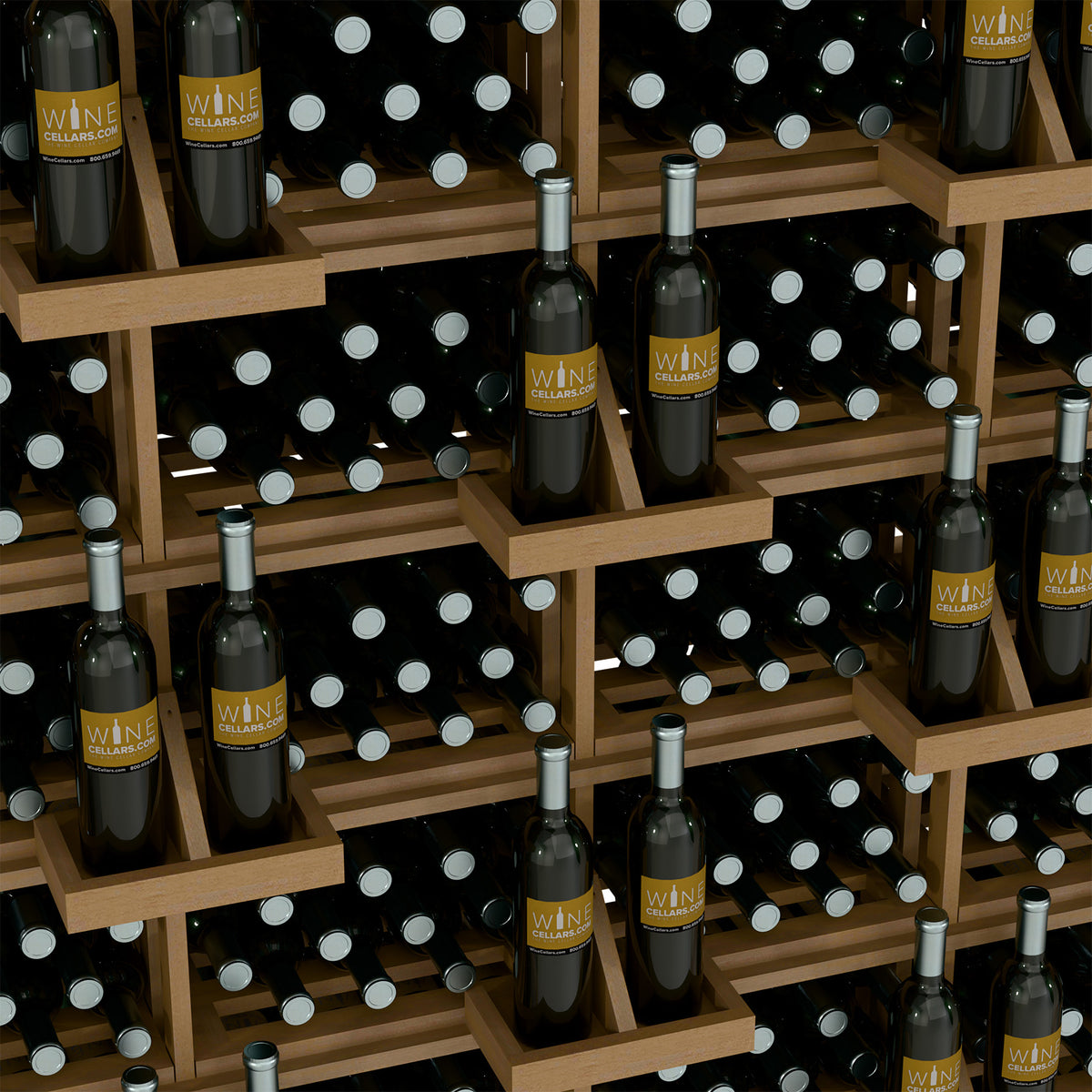 Wine bottle storage wall display with light wood shelves and bottle holders