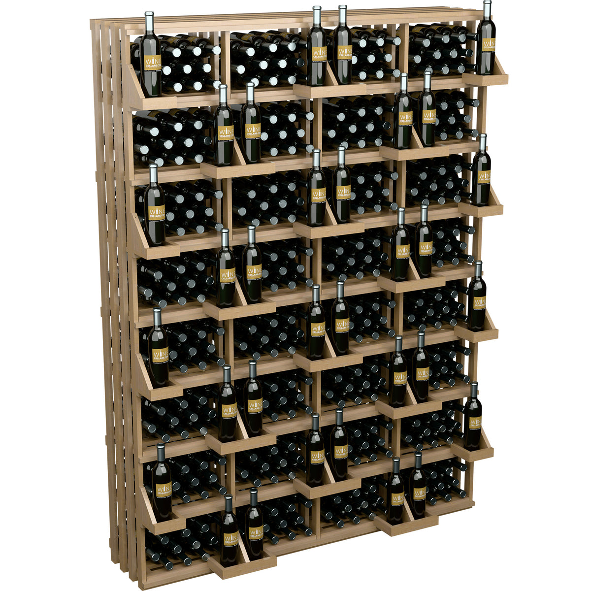 Light wood commercial wall wine bottle display with bulk bins and stacked bottle rows