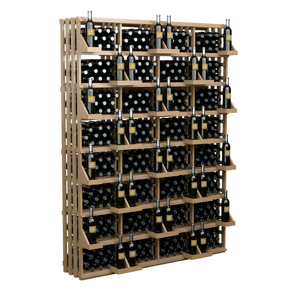 Front view light wood wall wine bottle display with bulk bins and neatly stacked bottles