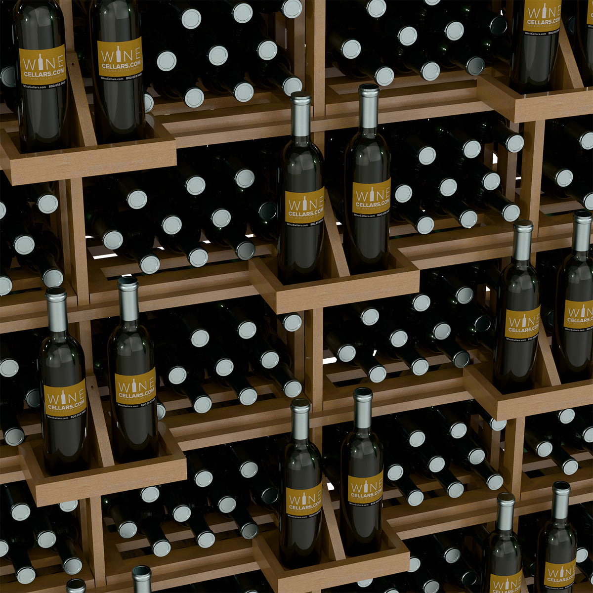 Close-up light wood bulk wine bottle bins with silver-capped bottles on tiered shelves