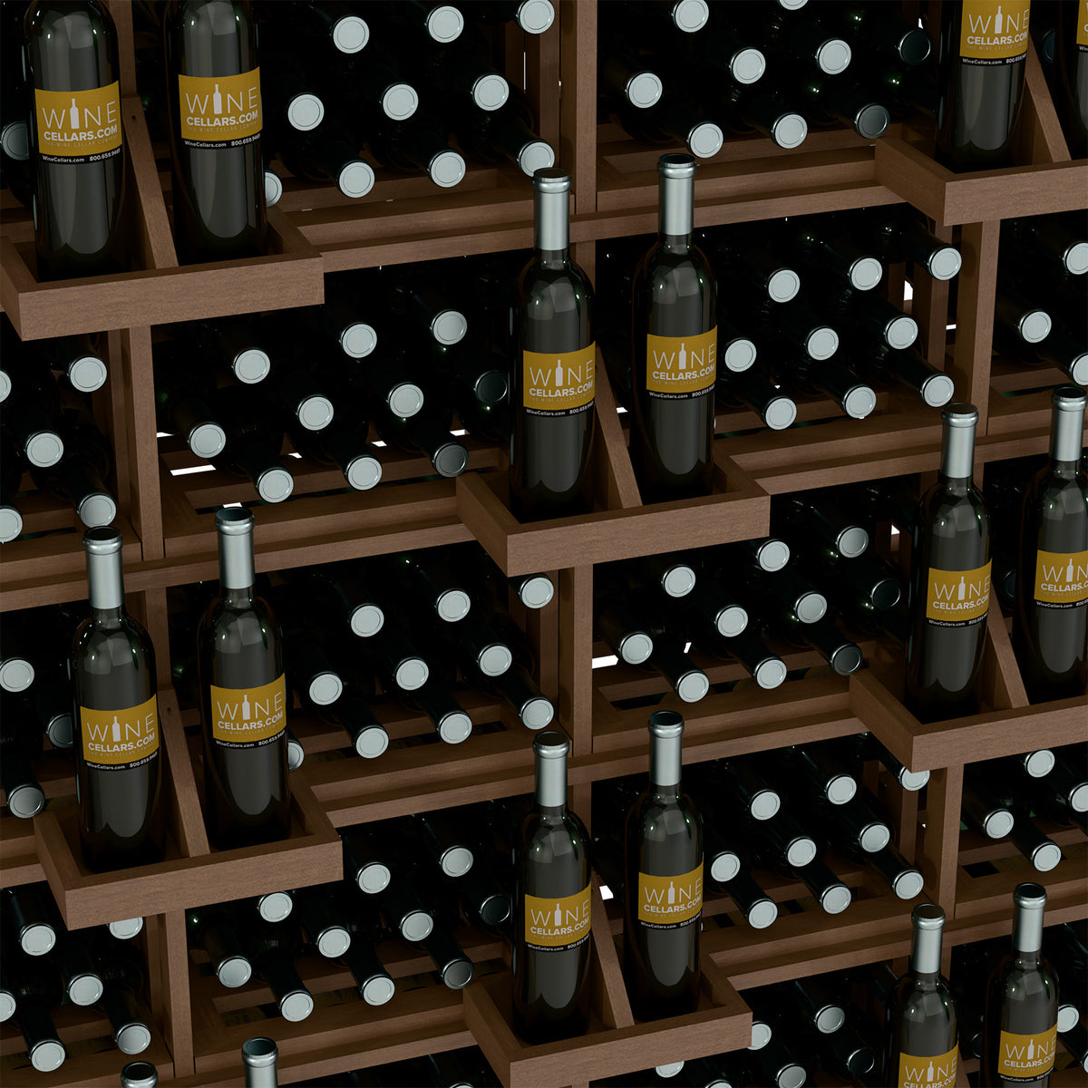 Wine bottle display rack with dark wood shelves and black bulk bin inserts
