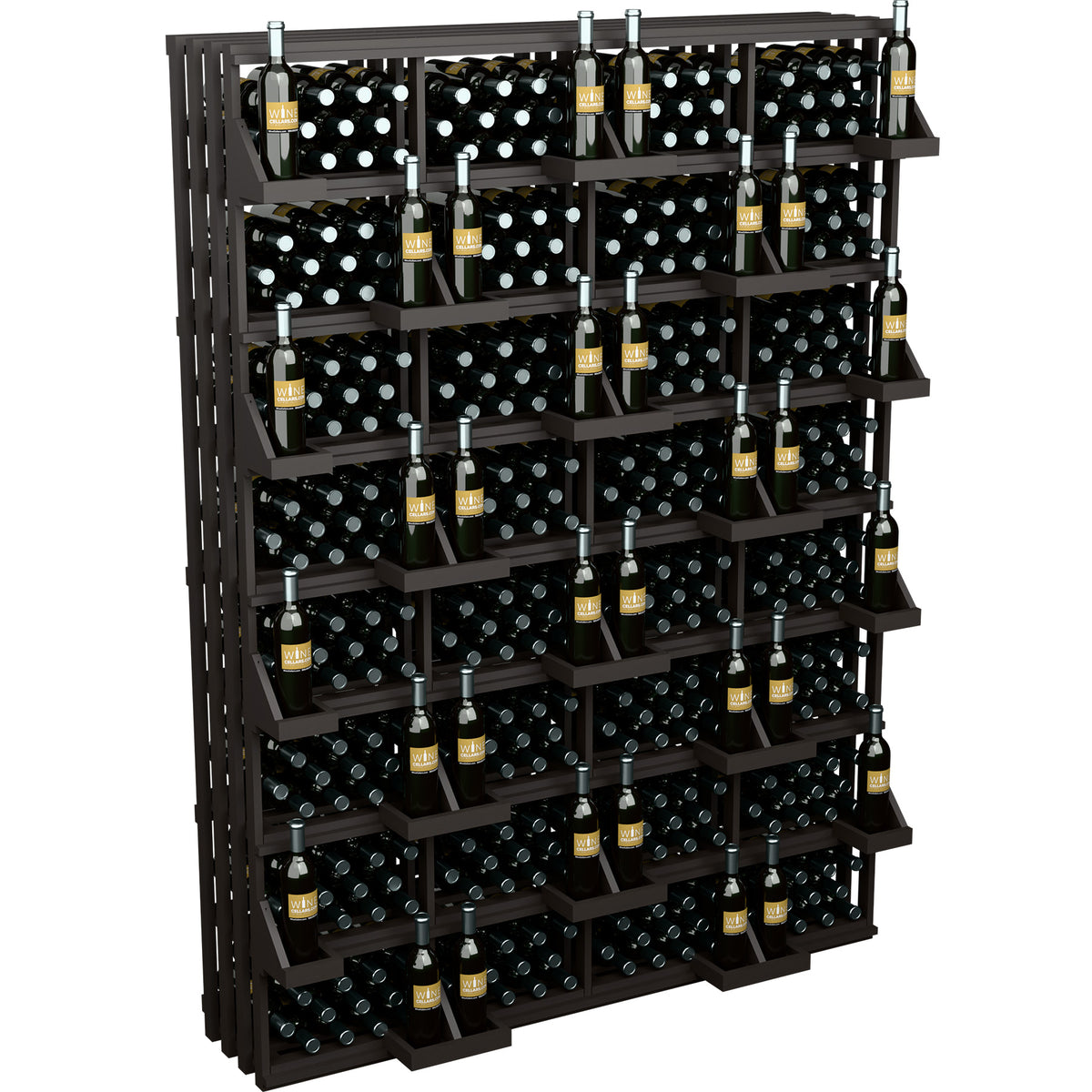 Black wine bottle display rack with bottles on stacked horizontal shelves