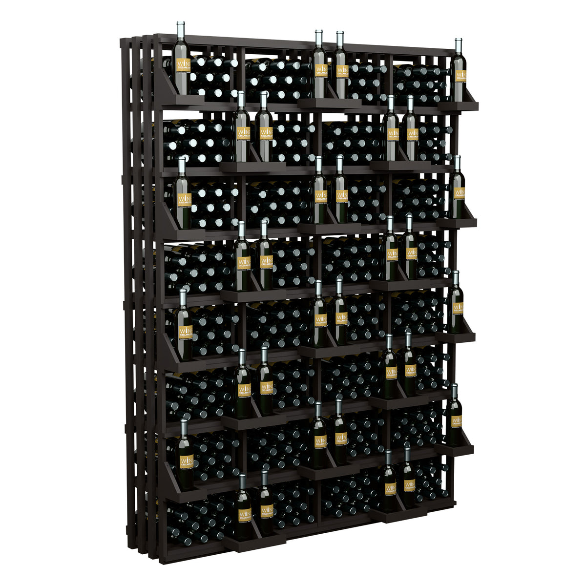 Black wine bottle wall display with multi-tier shelves and capped bottles