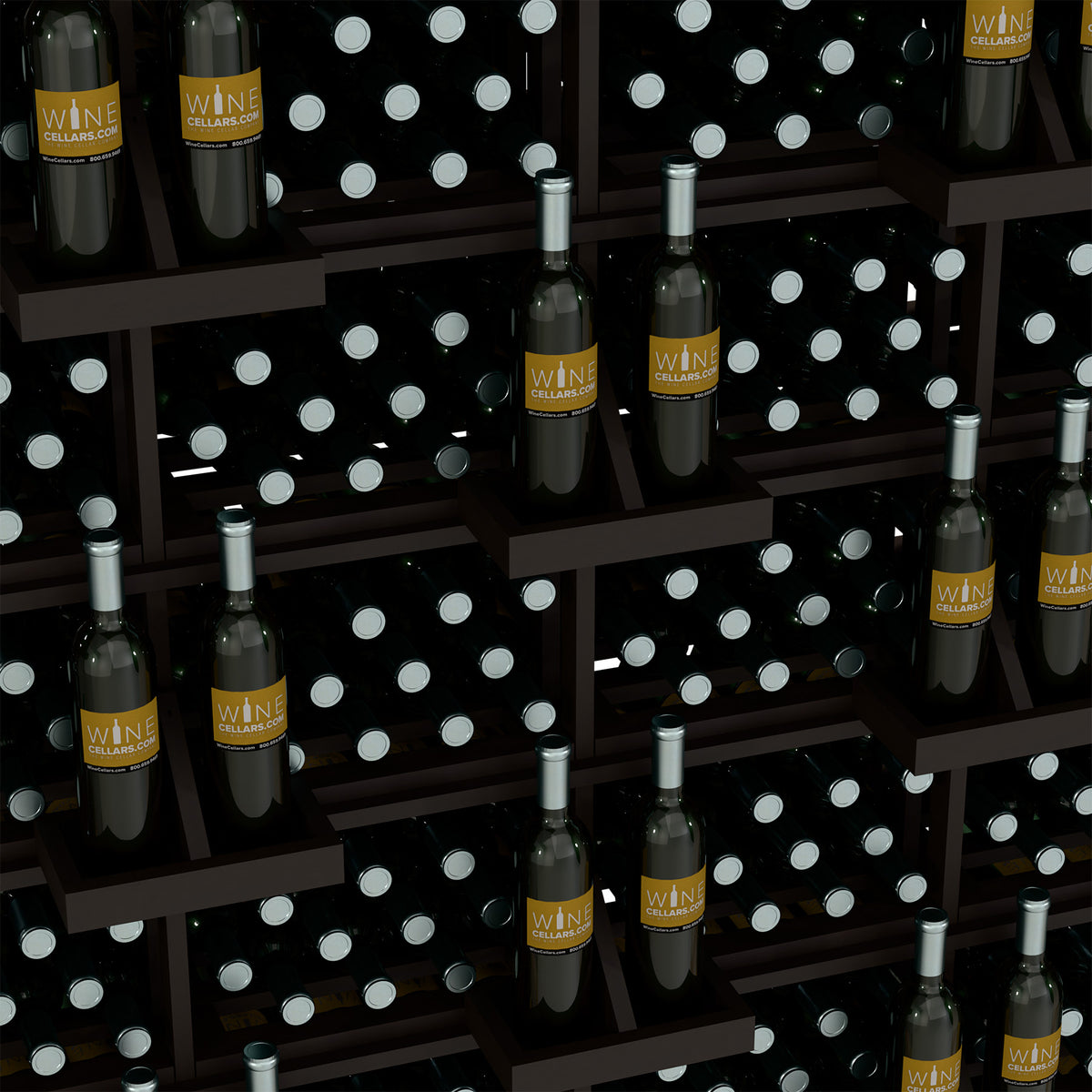 Wine bottle wall display close-up with black dividers and white dot bottle holders