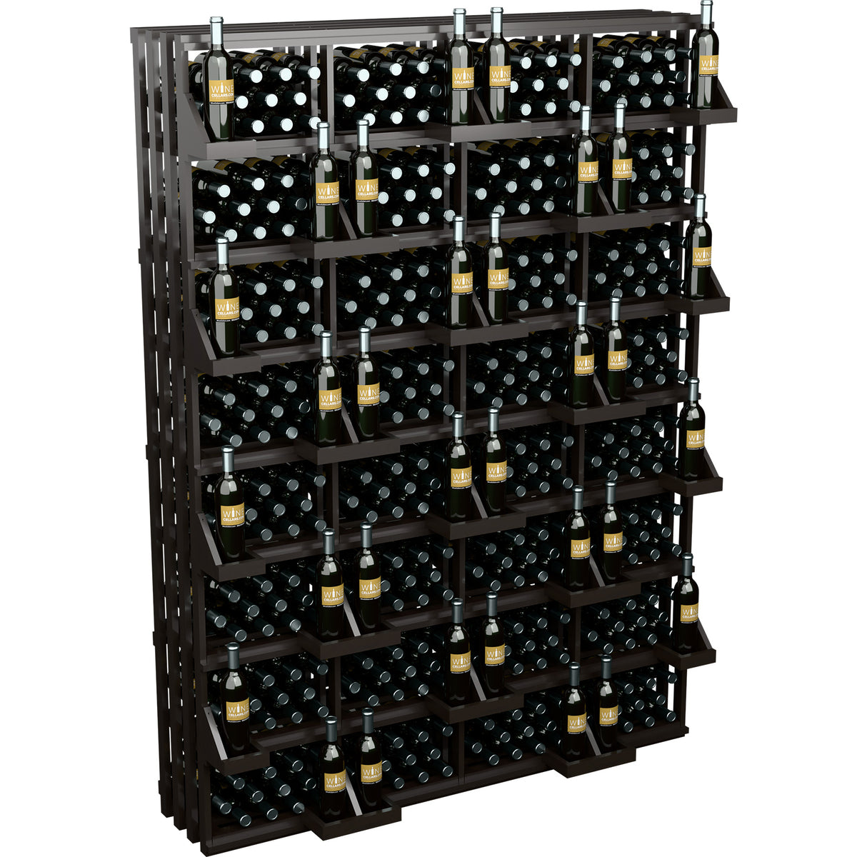 Wine bottle wall display rack with black shelves holding bottles in rows