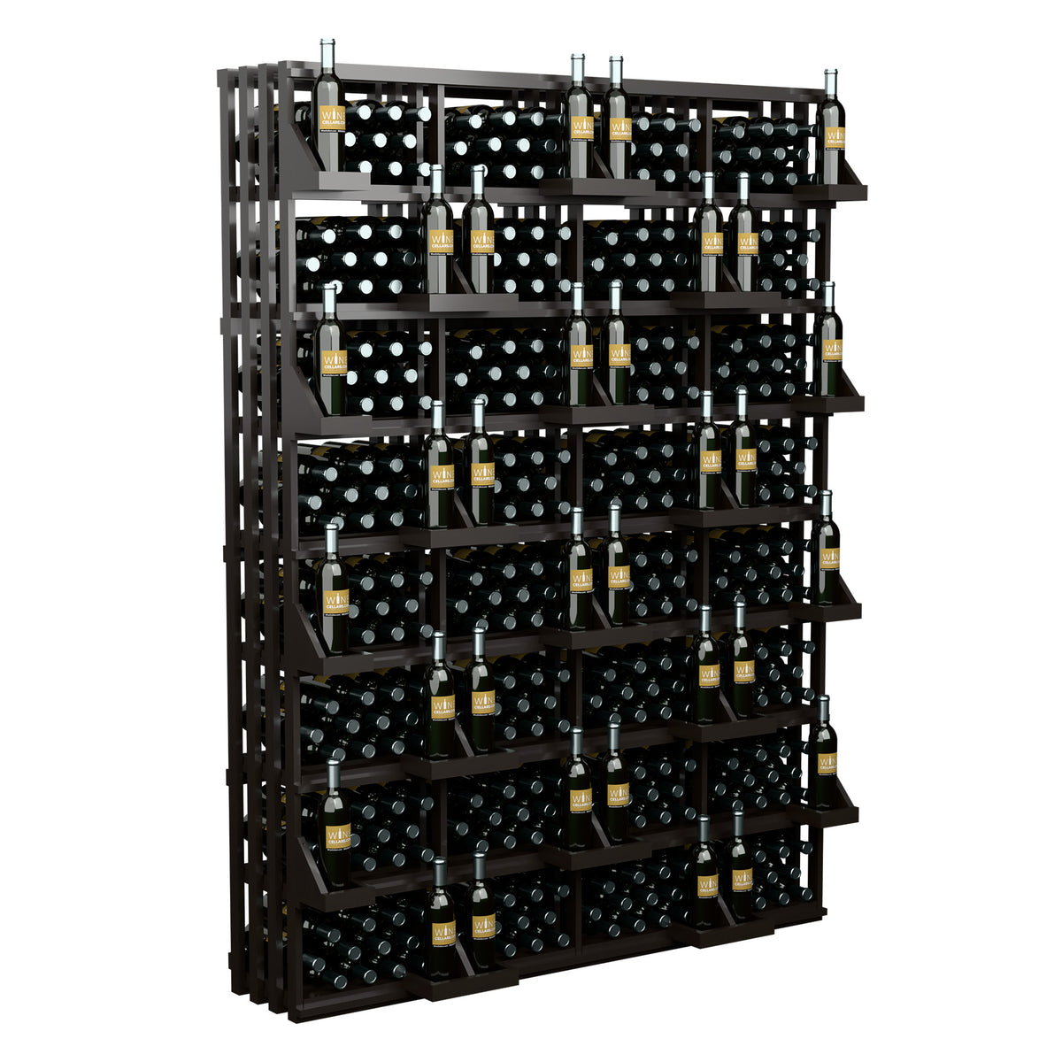 Wine bottle wall display rack with dark wood shelves holding many bottles