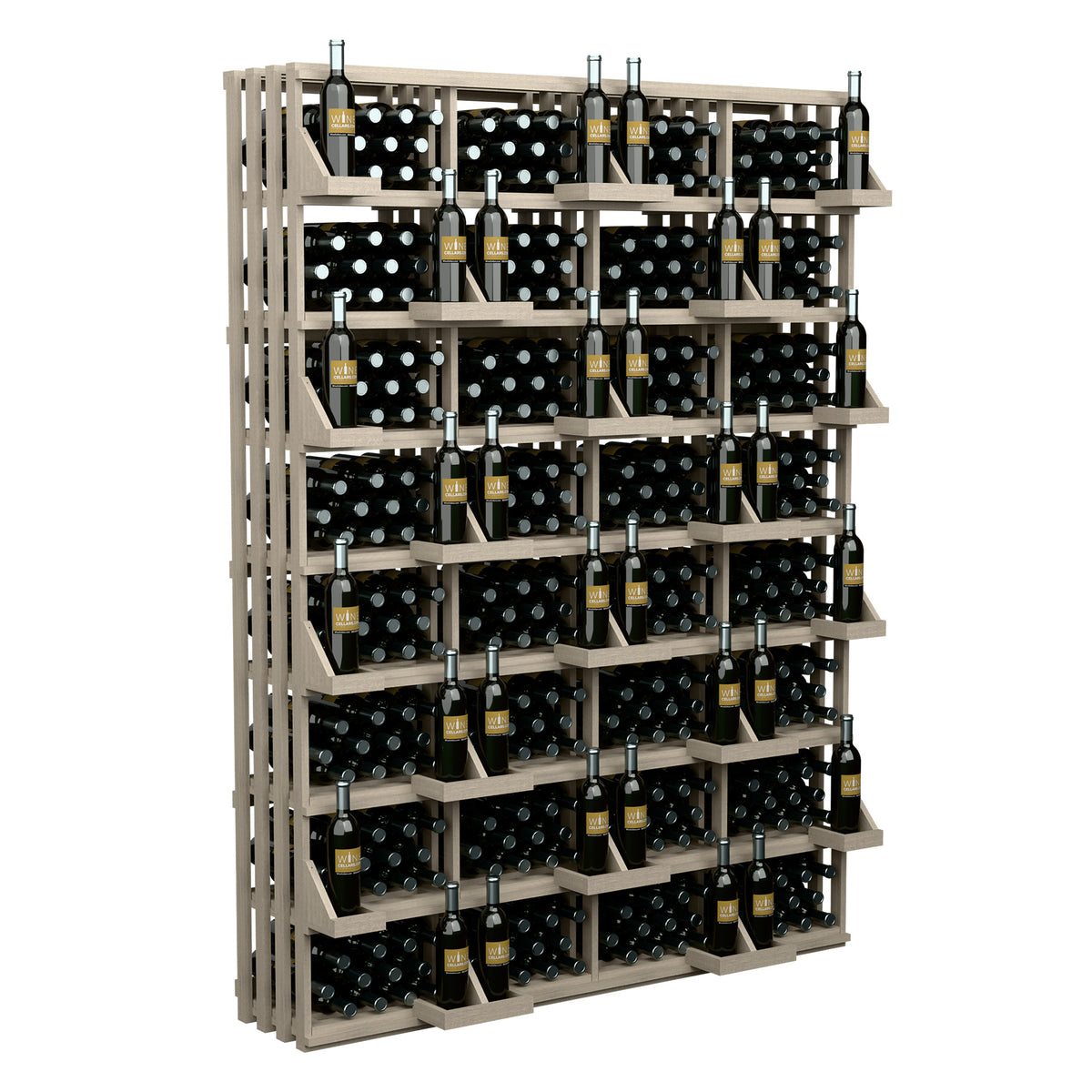 Light wood bottle wall display rack with crisscross posts and upright wine bottles
