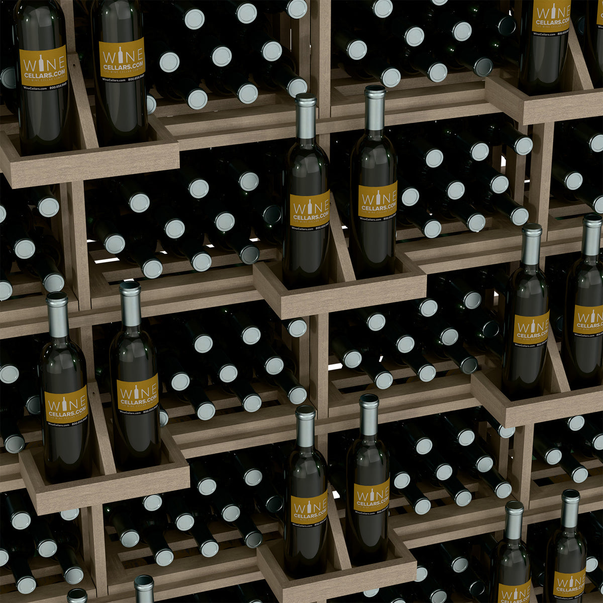Wine bottle storage wall display with light wood shelves and bottle holders