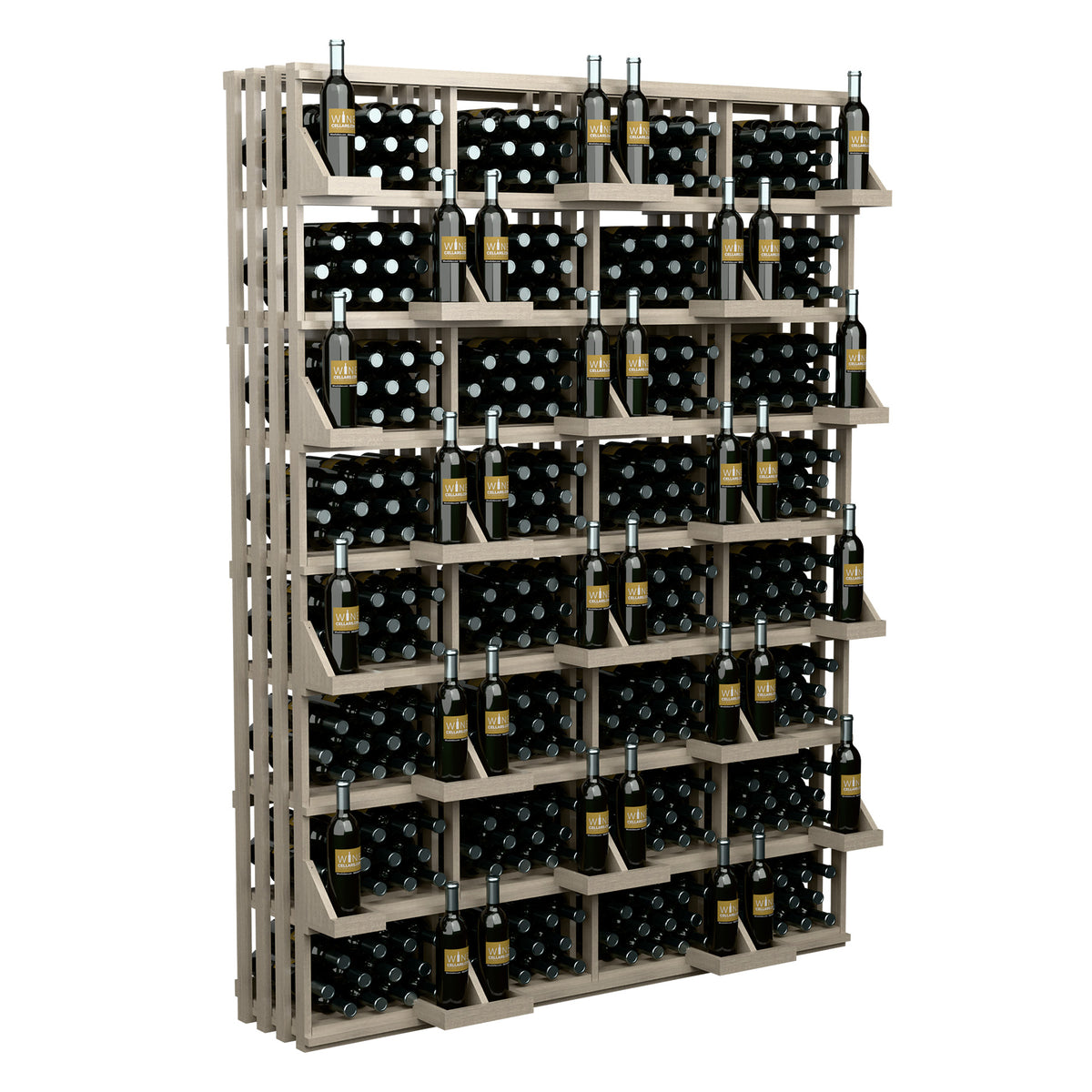 Wine bottle wall display rack with light wood frame and bottle-filled shelves