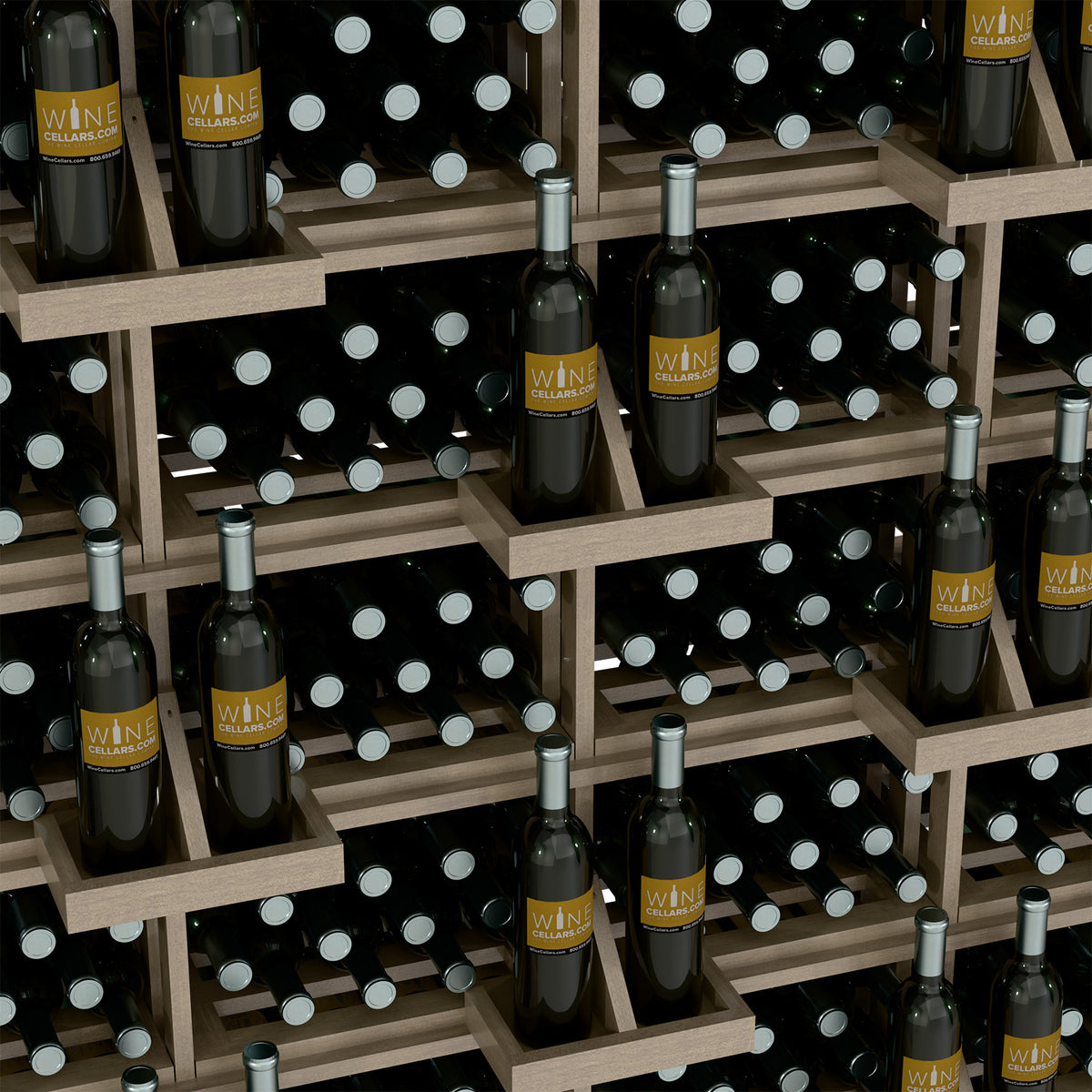 Wine bottle wall display rack close-up with dark shelves and bottle-filled bins