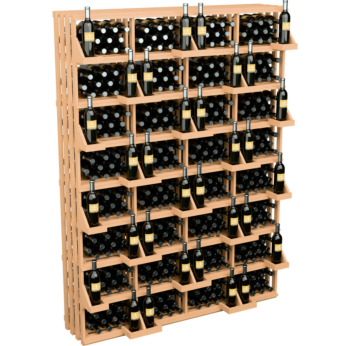 Freestanding wine bottle storage rack with wood shelves, metal neck pegs, and dark bottles