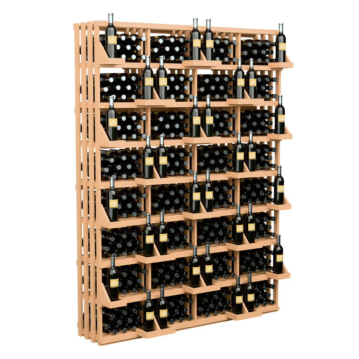 Wine bottle display rack with light wood shelves and black bulk bin inserts