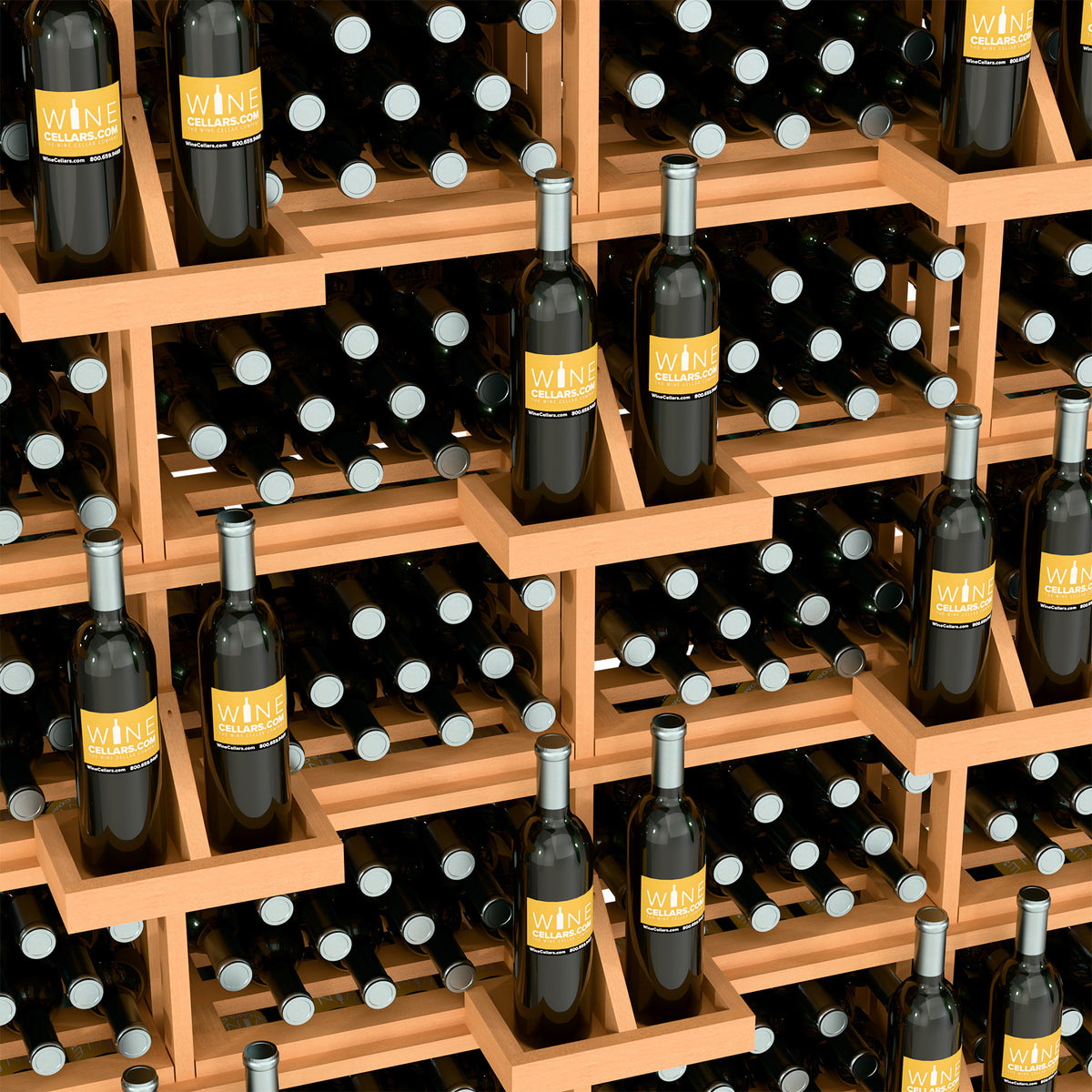 Wine bottle wall display with bulk bins, angled view of light wood shelves and bottles