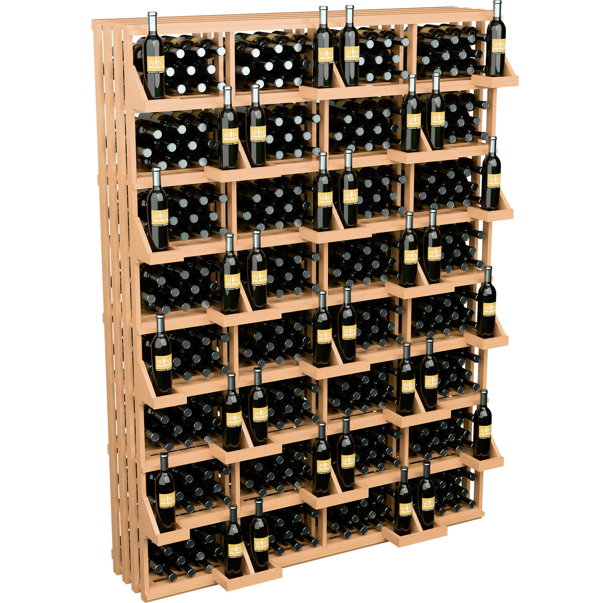 Wine bottle wall display rack with light wood shelves holding bottles in compartments