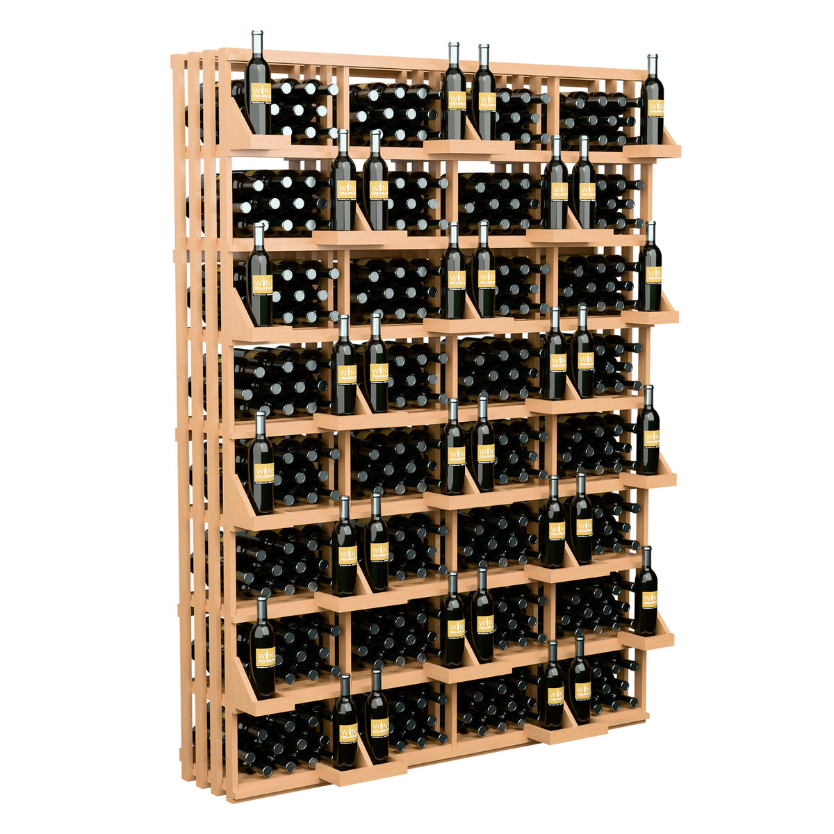 Wine bottle wall display rack with light wood shelves holding many bottles