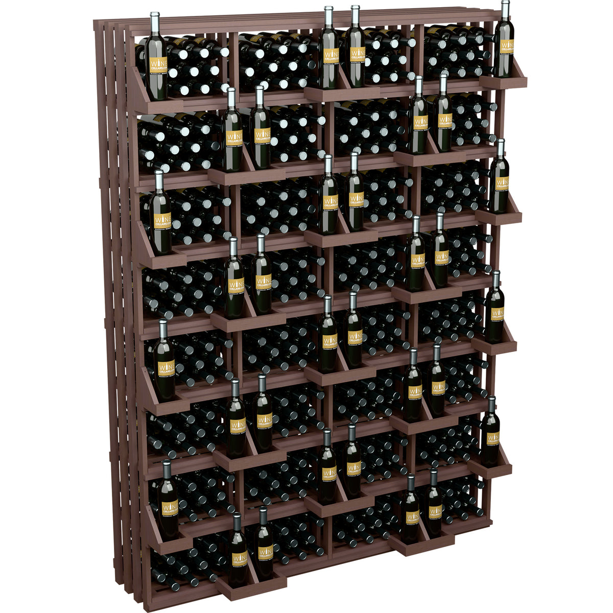 Wine bottle wall display with bulk bins, dark stained wood rack with organized bottle rows