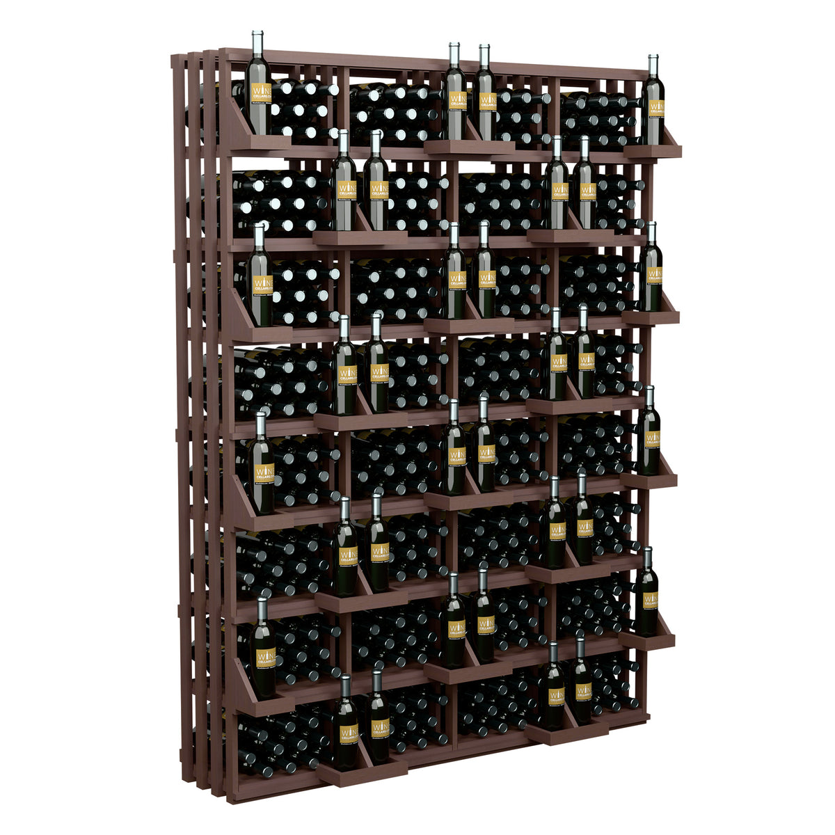Wood bottle wall display with bulk bins, brown frame, black bottle cradles