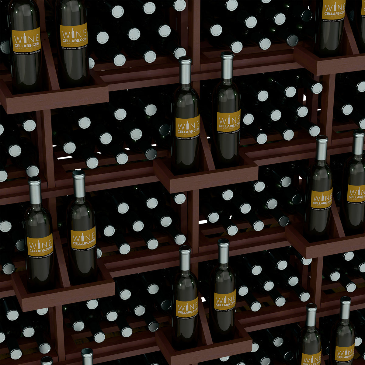 Wine bottle wall display close-up with brown dividers and bottles in grid shelves