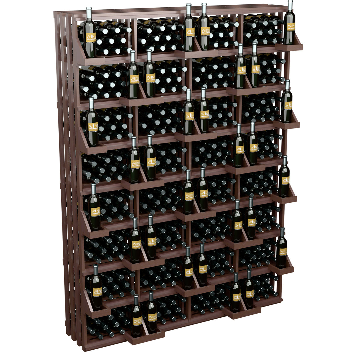 Dark wood wine bottle wall display with stacked bins and upright bottles