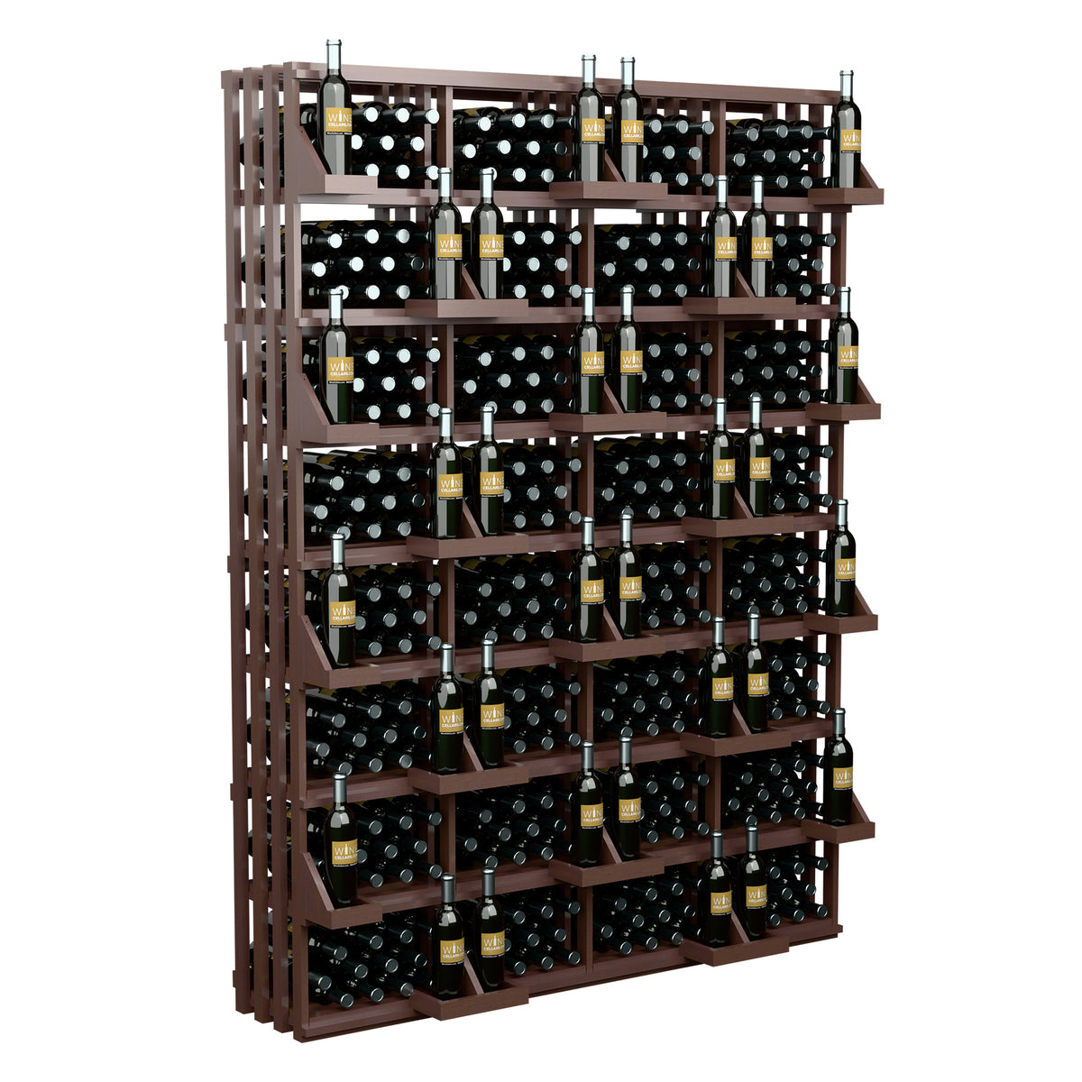 Wine bottle wall display unit with dark wood frames and multiple bottle rows
