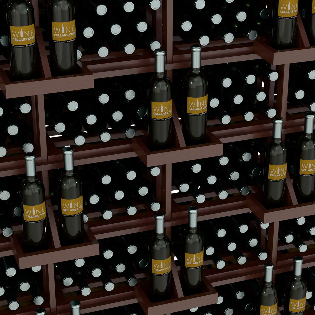 Wood wine bottle wall display with bulk bins, capped bottles, and slot dividers