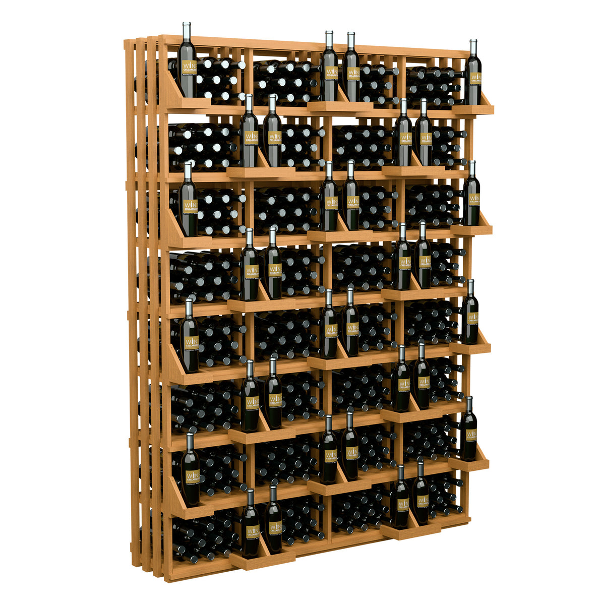 Natural wood bottle wall display rack with black bins and wine bottles