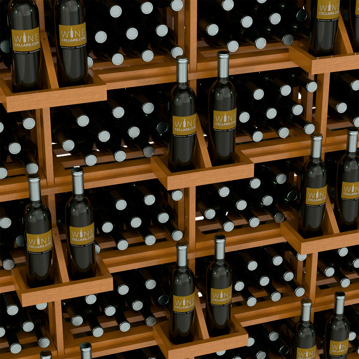 Natural wood wine bottle wall display with bulk bins filled with capped bottles