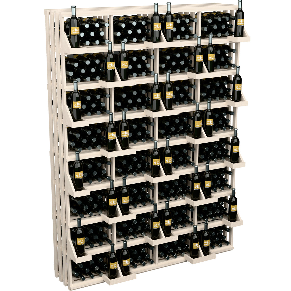 Wine bottle wall display with bulk bins, light wood frame holding rows of bottles