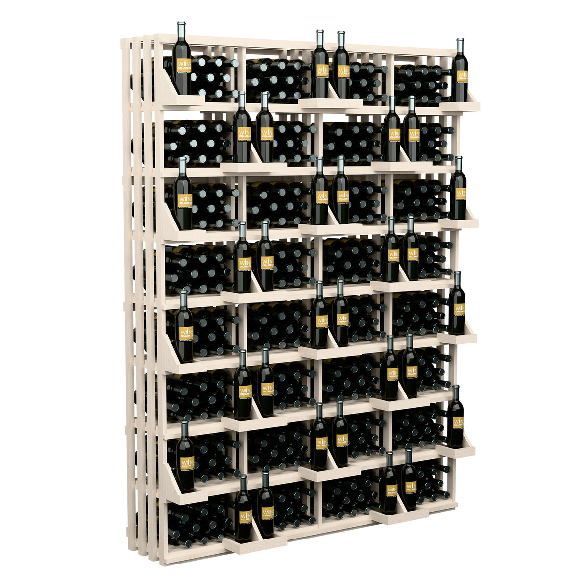 Light wood bottle wall display rack with tiered shelves holding upright wine bottles