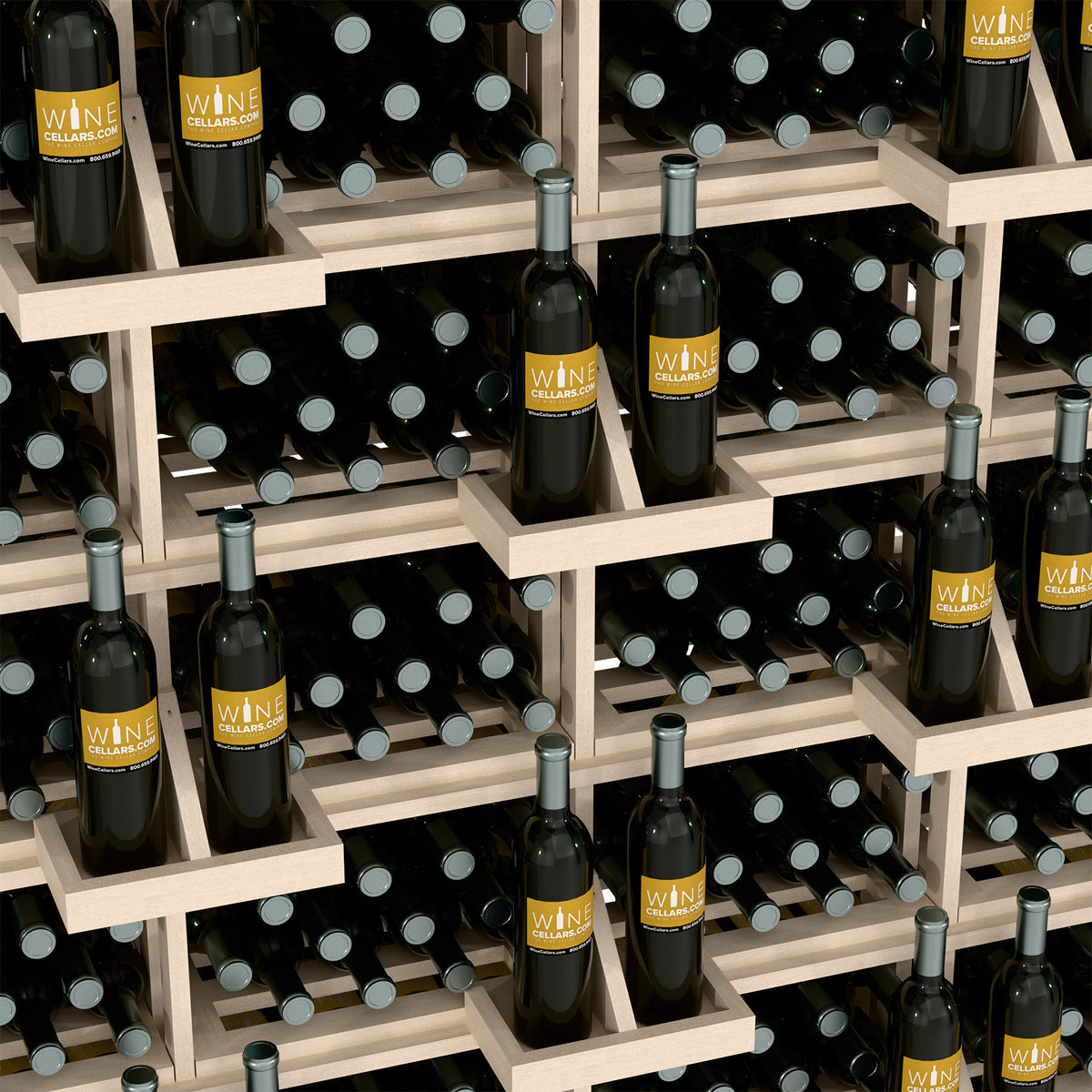 Wine bottle storage wall display with white shelves and bottle holders