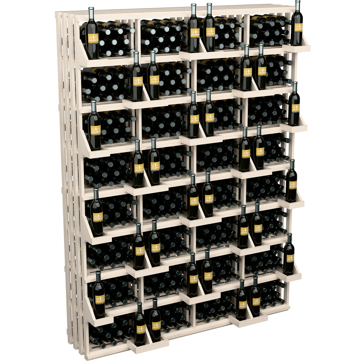 Whitewashed wine bottle wall display with bulk bins and upright bottles