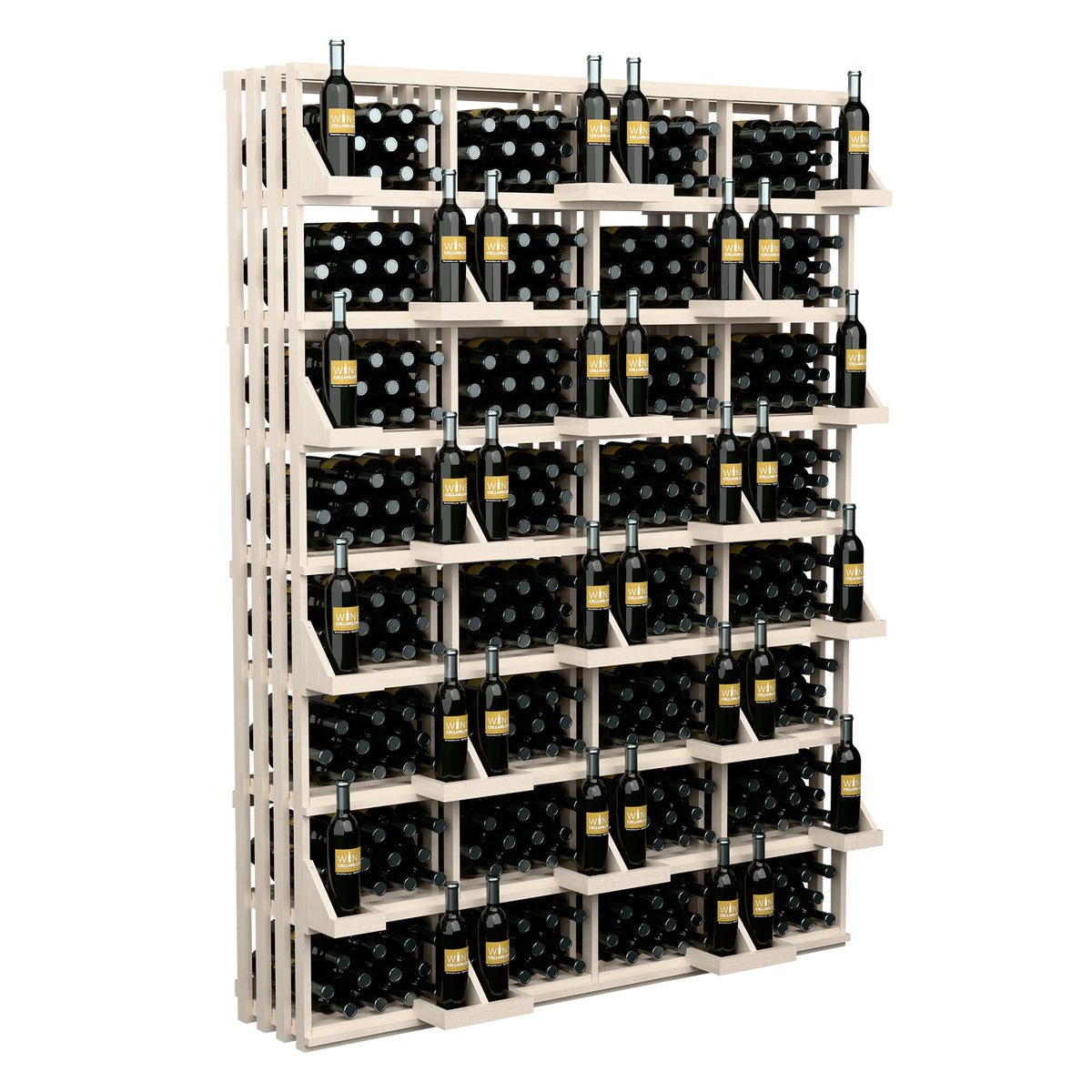 White wine bottle wall display with bulk bin shelves and rows of capped bottles