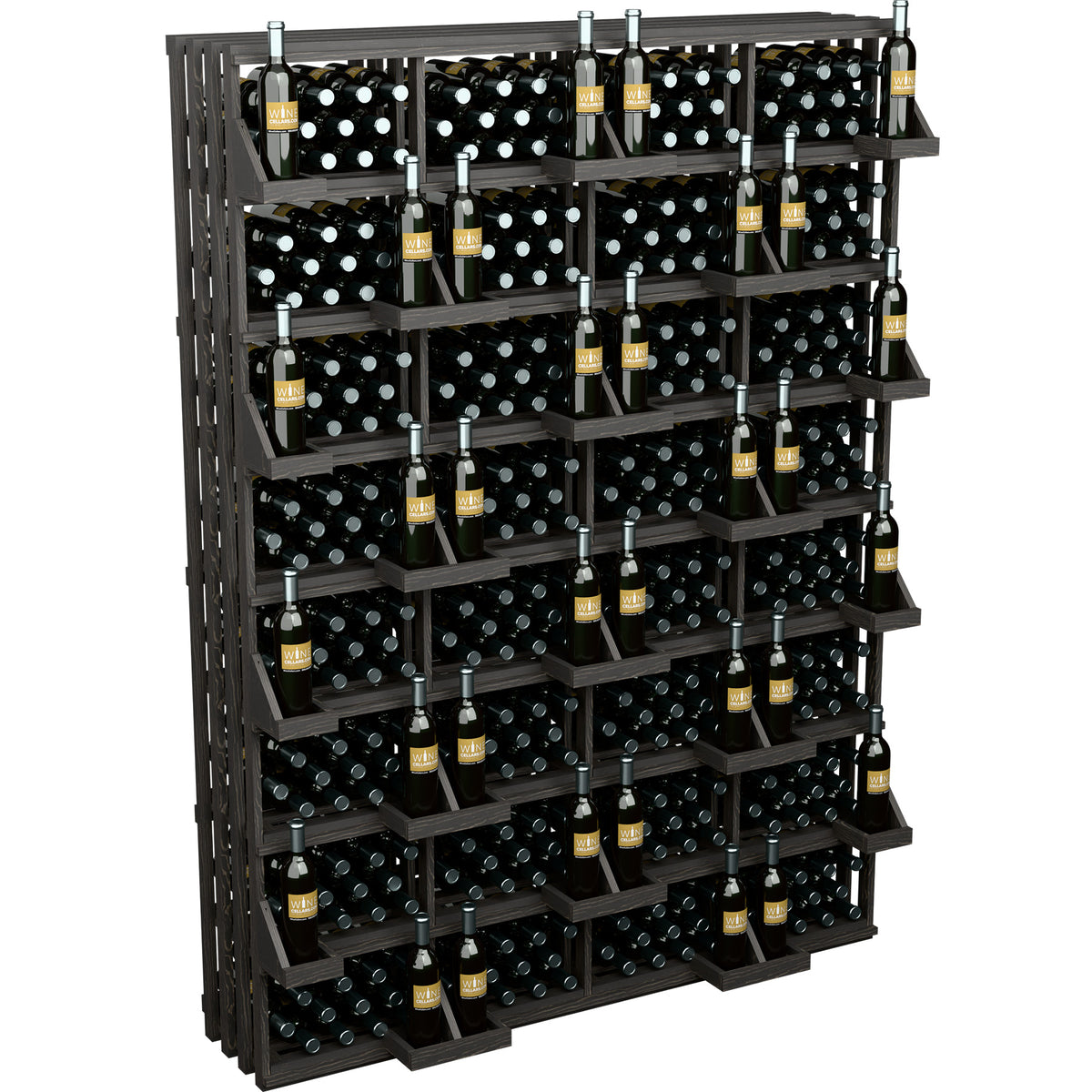 Wine bottle display rack with black wood shelves and black bulk bin inserts