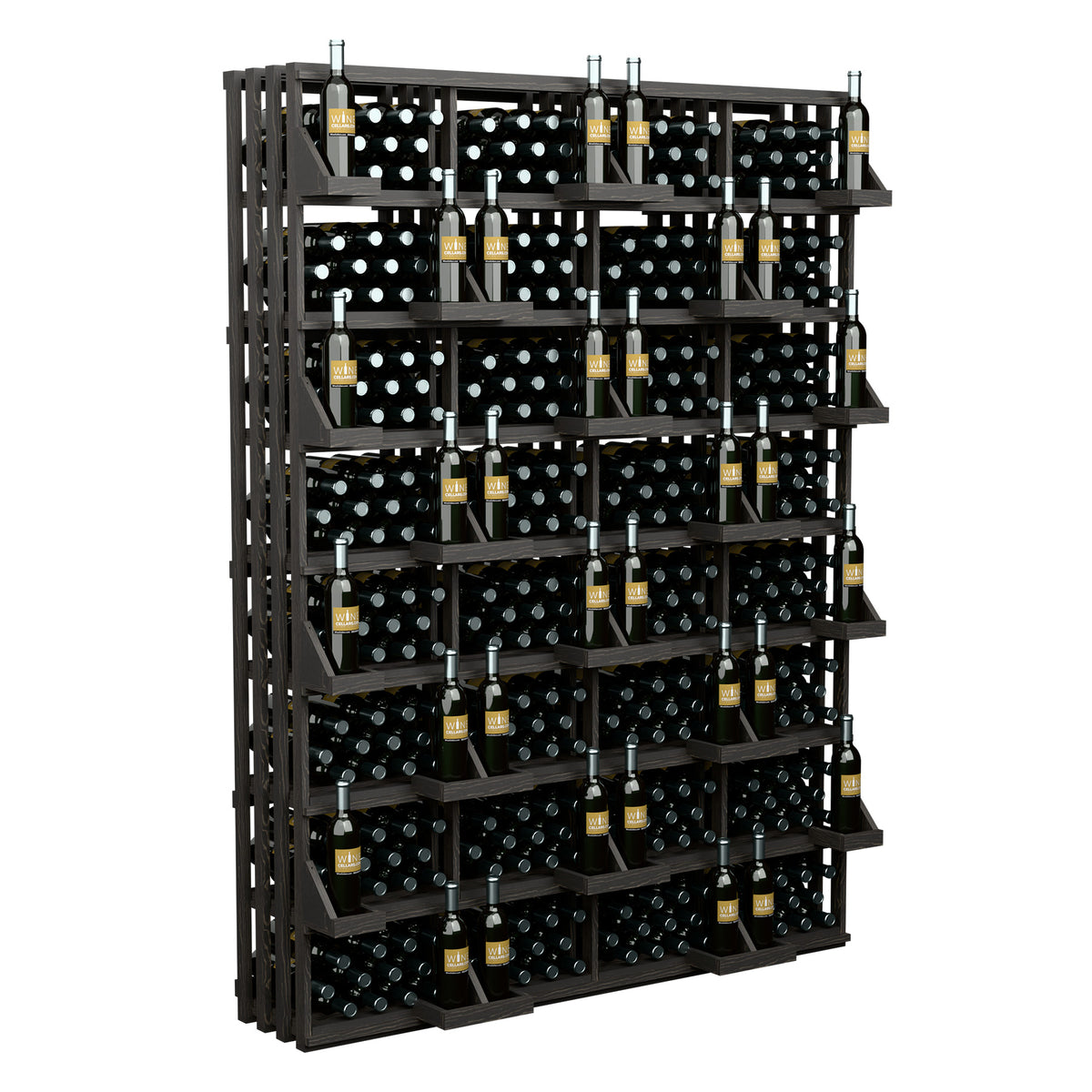 Wine bottle wall display with bulk bins, dark wine bottles in white frame rack