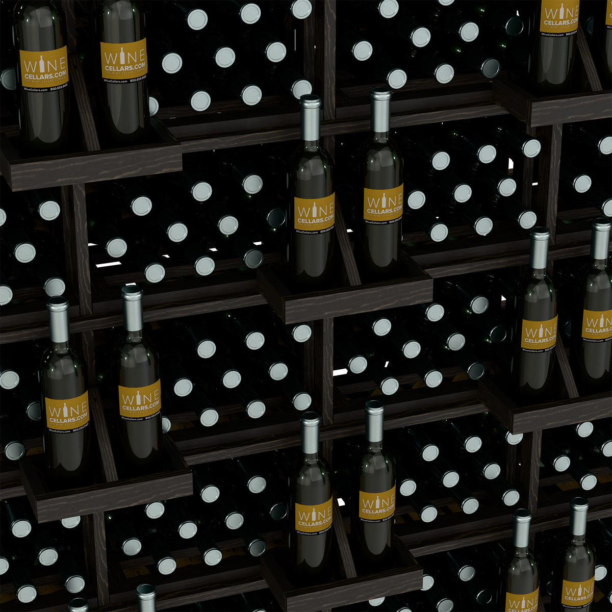 Bottle display shelves with wine bottles in black dividers and white circle inserts