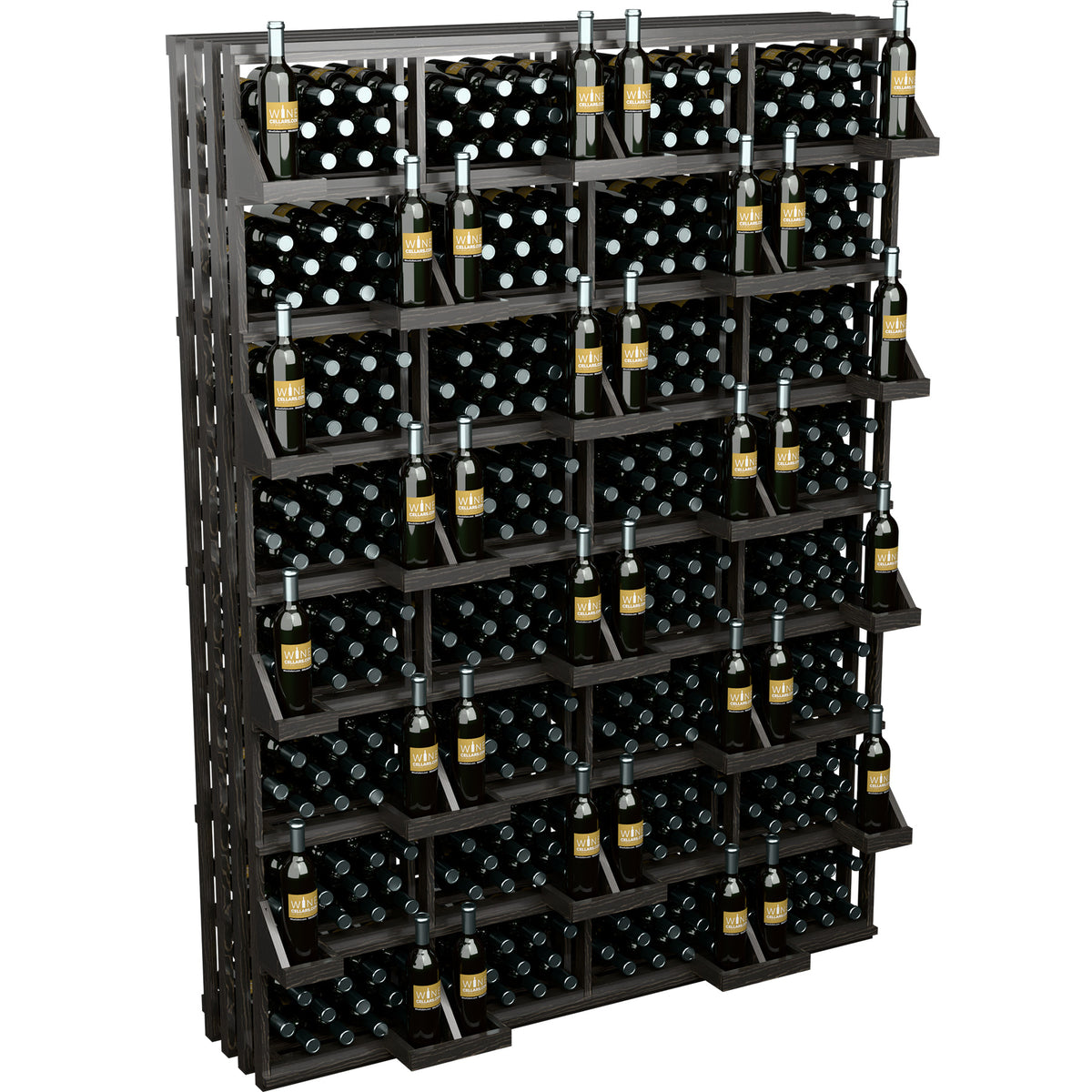 Wine bottle wall display with black frame and bulk bins, multi-tier rows of bottles