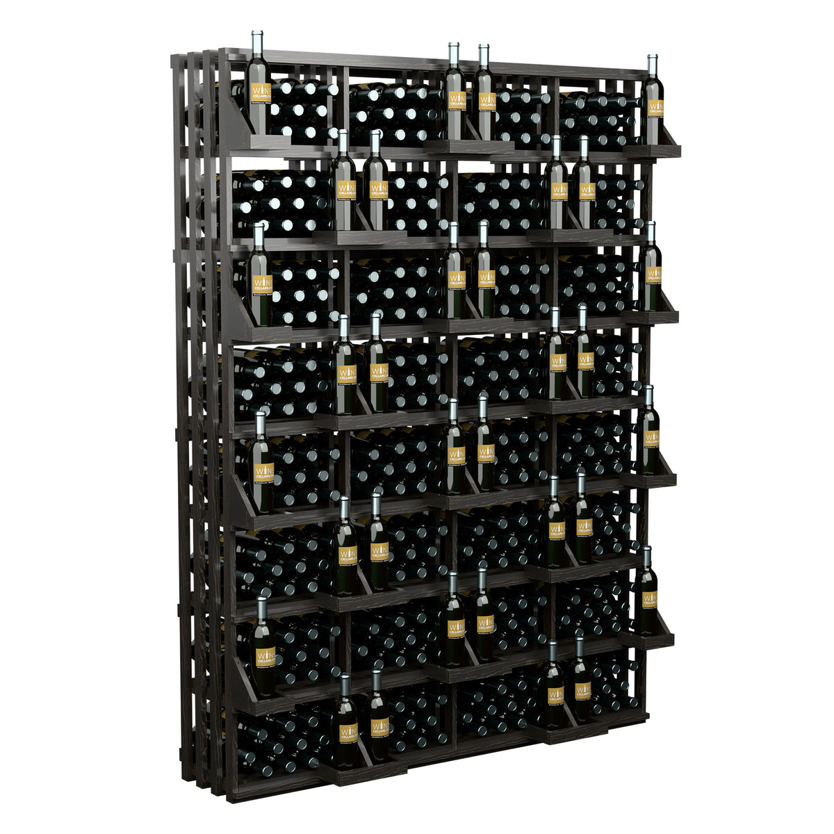 Wine bottle wall display with black frame and bulk bins, front view of bottle storage