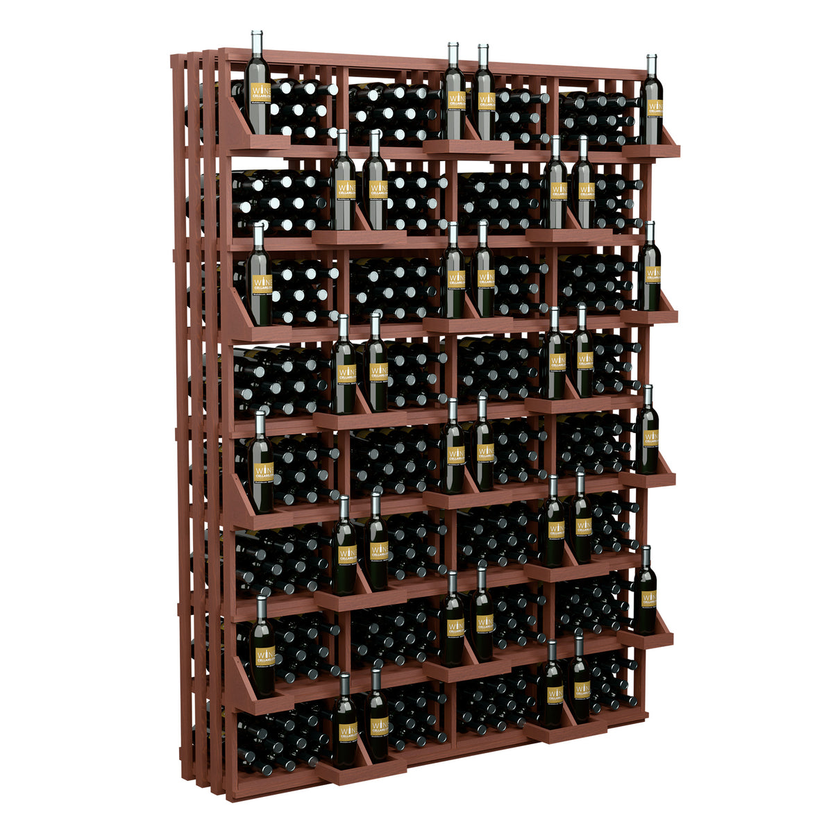 Wood bottle wall display rack with tiered shelves and upright wine bottles