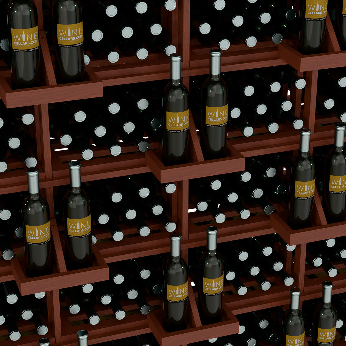 Red-brown bottle wall display with black bins and assorted wine bottles
